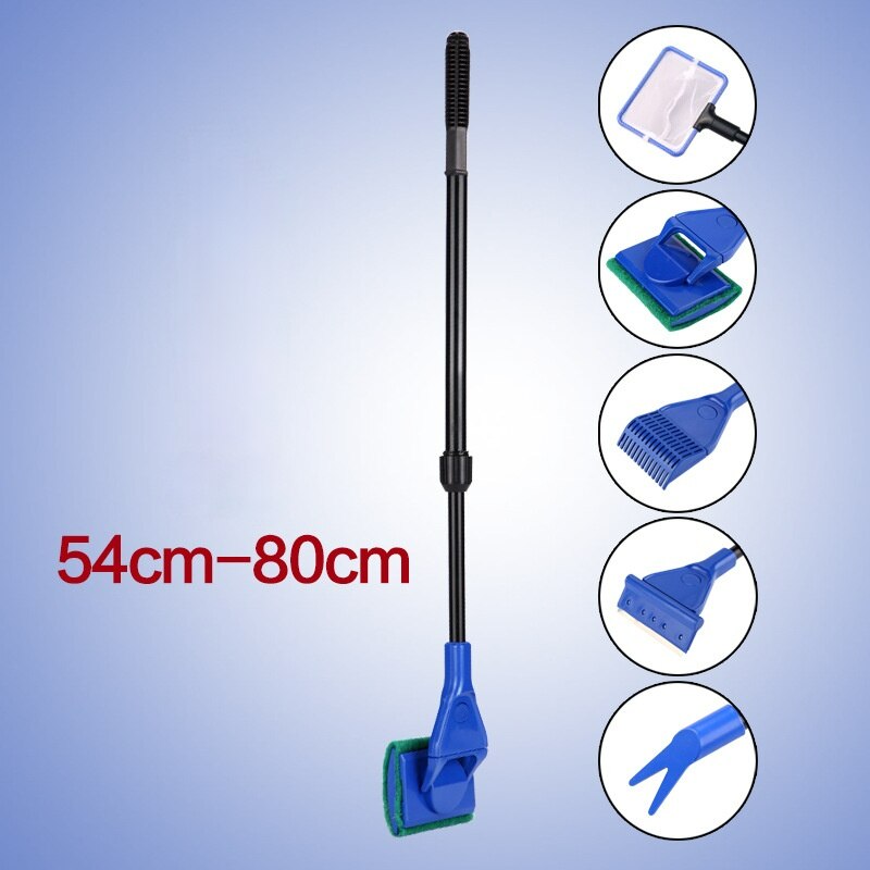 Durable 5 in 1 Aquarium Tank Cleaning Tools Set Fish Net Gravel Rake Algae Scraper Fork Sponge Brush Curve for Glass Window: Retractable