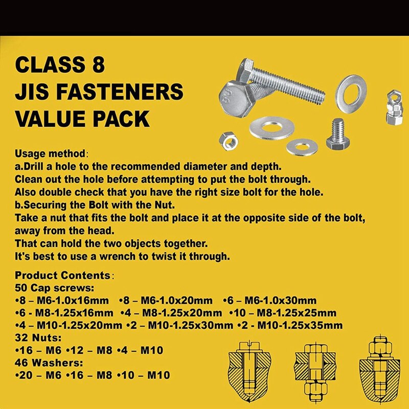 Hex Bolt M6 M8 M10 and Hexagon Nut and Washer Set, 128 Pieces