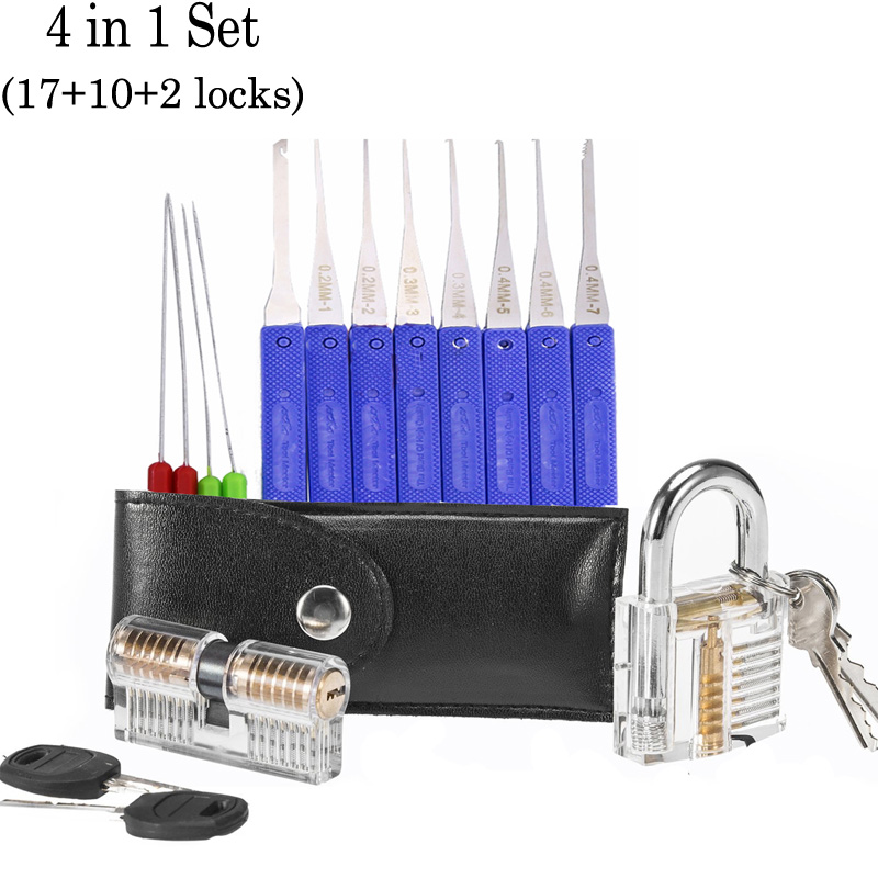 Lock Picking Practice Set Tools Locksmith ,17pcs Pick Tool 12pcs Remove Tools 2pcs Transparent Lock: 4 in 1 set