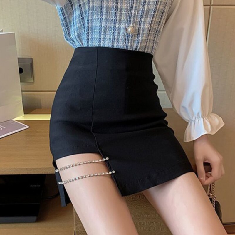 Mini Skirts Women Side-slit Crystal-chain Korean Style Slim Trendy Patchwork Female Bottom Summer Popular Chic Ulzzang