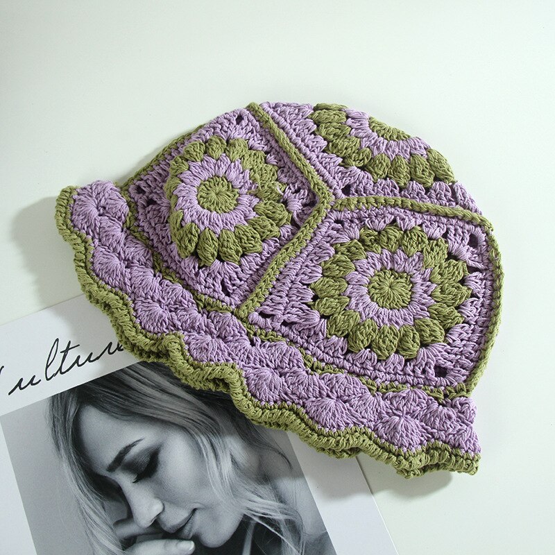 Summer Hollow Crochet Flower Fisherman Hat Shade Breathable Knitted Bucket Hat Ladies Panama Knitted Fisherman Hat: 03
