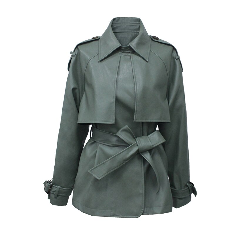 Fitaylor Spring Autumn 2022 PU Leather Jacket Casual Female Streetwear Outwear Jackets Women Faux PU Leather Belt Coat
