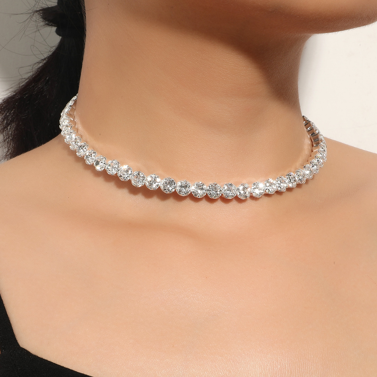 Gargantilla de cadena con cuello de cristal de Color plateado brillante para mujer, Gargantilla con diamantes de imitación para de boda, de joyería