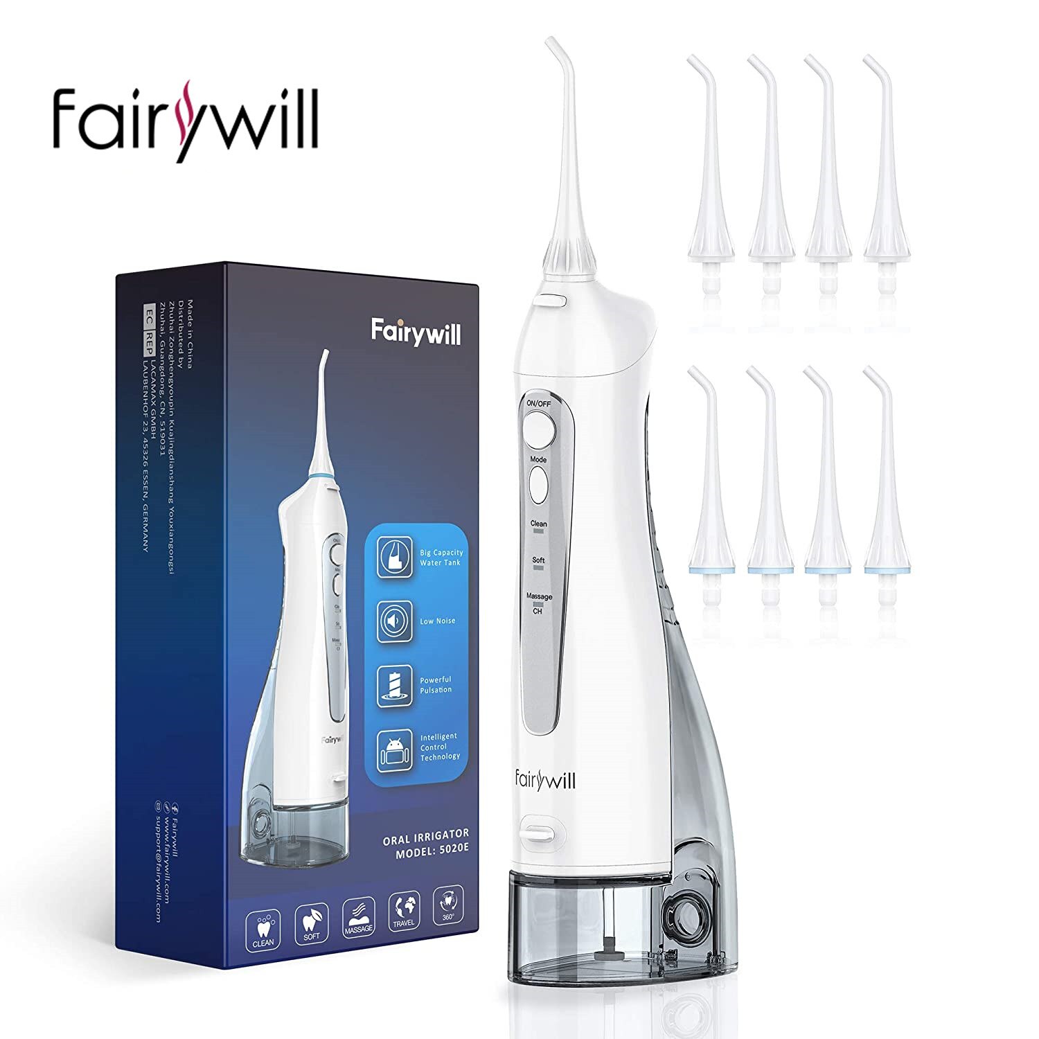 Fairywill Water Flossers szczoteczka do zębów 5020E-E11 USB akumulator przenośny IPX7 wodoodporny 3 tryby 300ML odpinany zbiornik na wodę: 5020E-Gray