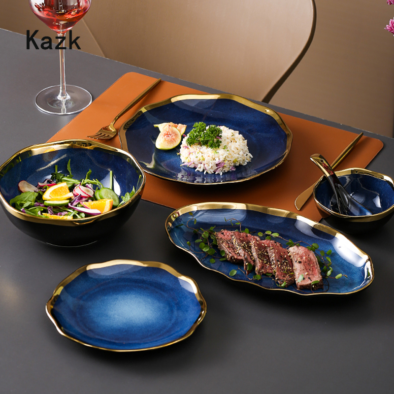 Nordic Blue Glaze Ceramic Dinner Plates and Bowls Irregular Phnom Penh Steak Plate Dessert Snack Dishes Home Tableware