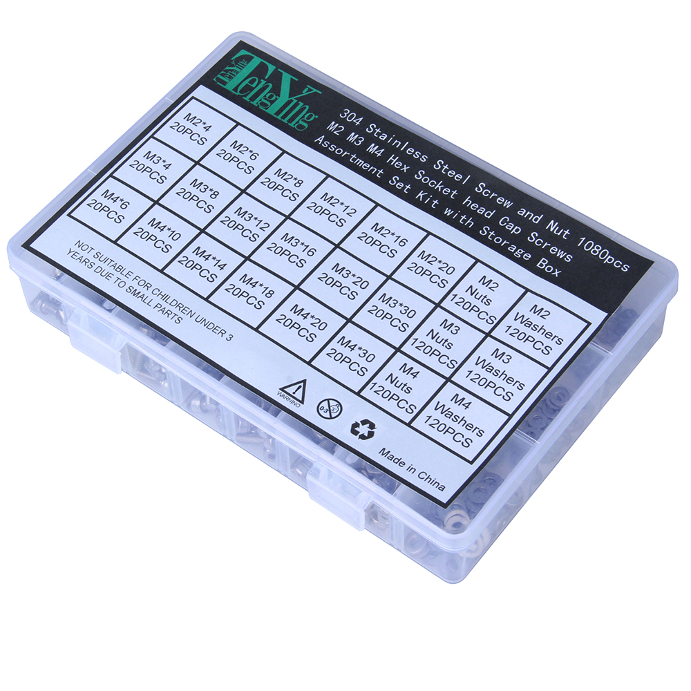 1080pcs/Lot M2 M3 M4 Button Head Hex Socket Screw Bolt Nut Stainless Steel 304 Screws Nuts Assortment Kit Fastener Hardware