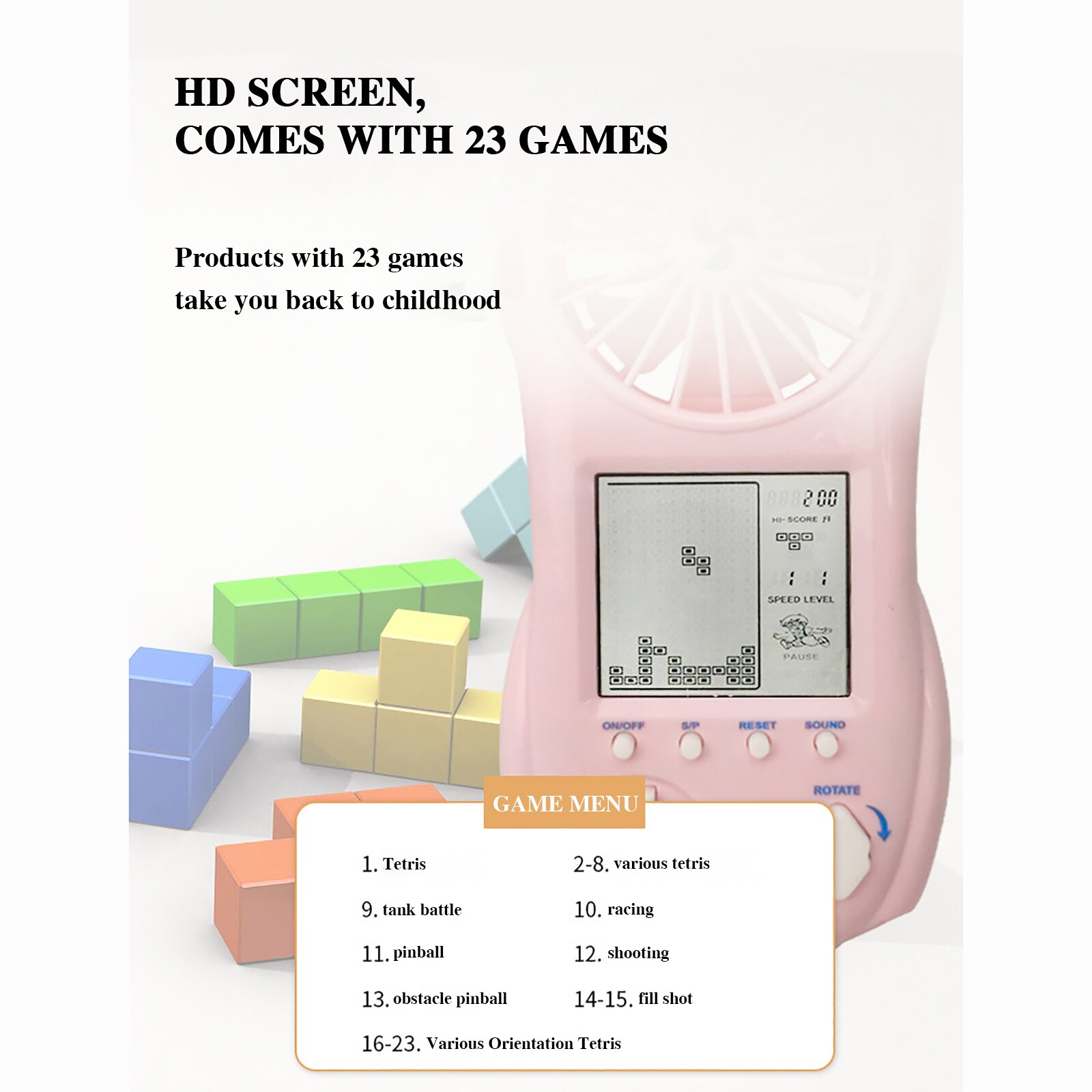 Handheld foldable retro game console with USB fan and color display 23 game console for Kids Adults