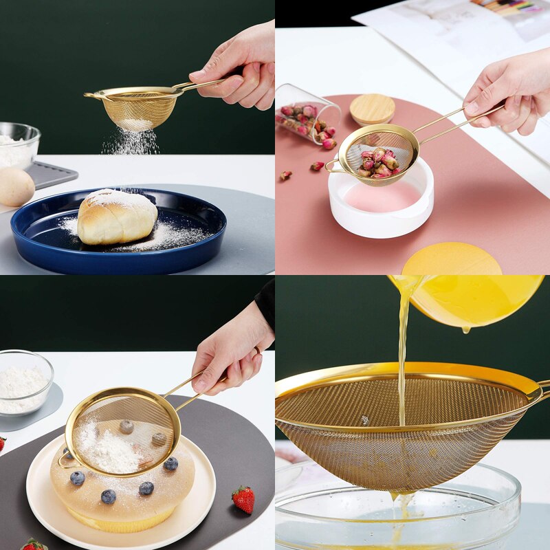 Edelstahl Gold Zucker Kaffee Gittergewebe Separaten Öl Sieb Mehl Sichter Siebe Filter Küche Kuchen Werkzeug