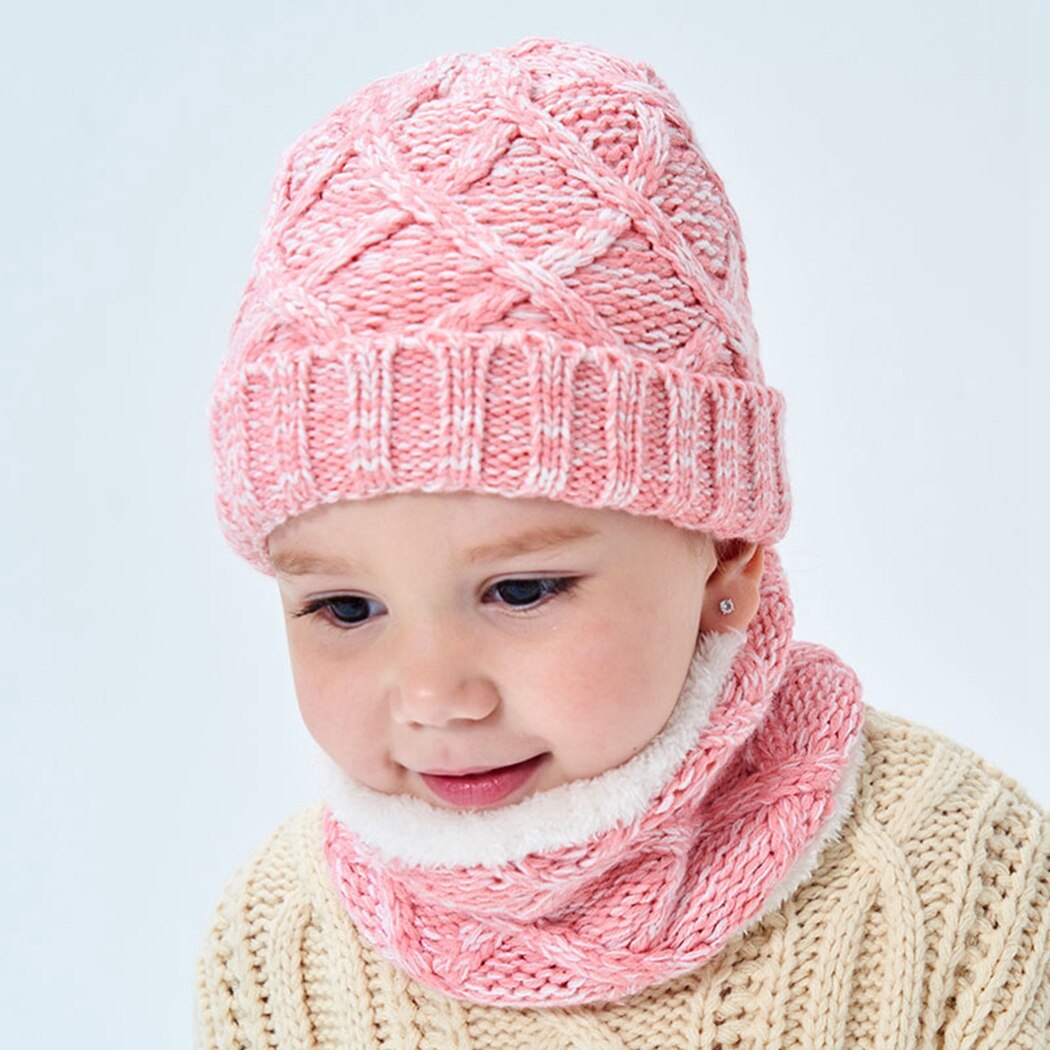 Warm Fleece Knitted Beanie Caps Snood Set Winter Outdoor Baby Kids Hat Scarf Children Hats Skullies Boys Girls Ski Caps Bonnet