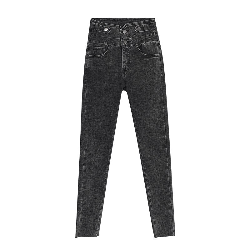 Elastische taille drierijige jeans dames hoge taille skinny koreaanse denim potloodbroek stretch jeans plus size