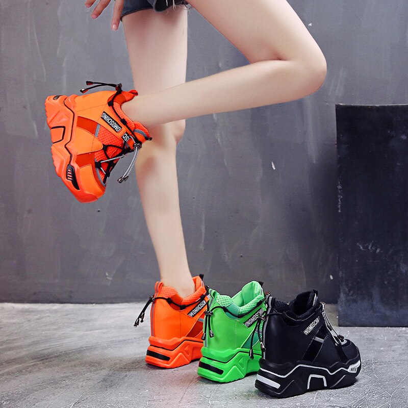 Femmes Fluorescence couleurs plate-forme à lacets baskets décontracté cale Super haute 11CM chaussures à talons 3 couleurs Styles coréens A3