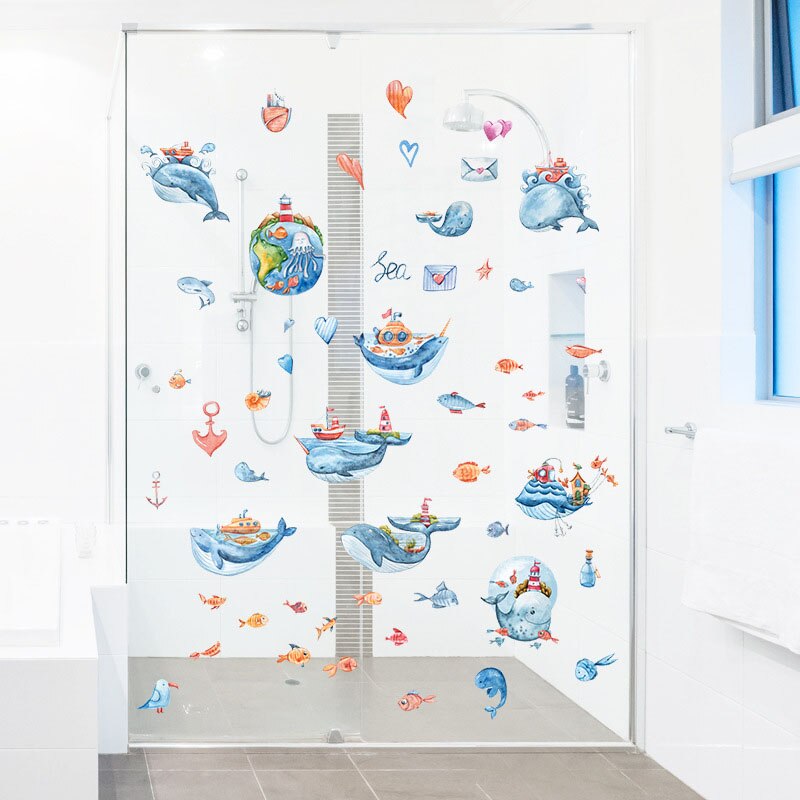 Film électrostatique de décoration de fond de fenêtre, produit mignon de dessin animé baleine, carrelage de salle de bains, porte en verre, film électrostatique