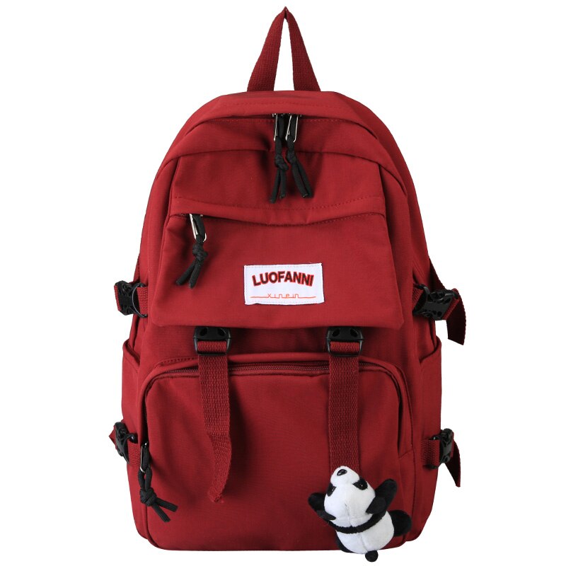 Student Mädchen Schnalle Rucksack Wasserdichte Nylon Nette Schule Tasche Laptop Damen Rucksack Frauen Buch Kawaii Tasche Weibliche Luxus: red / With panda Pendant