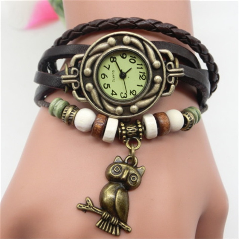 Vrouwen Meisje Vintage Horloges Armband Horloges Uil Hanger Lederen Armband Lady Dames Polshorloge Vrouwen Horloge