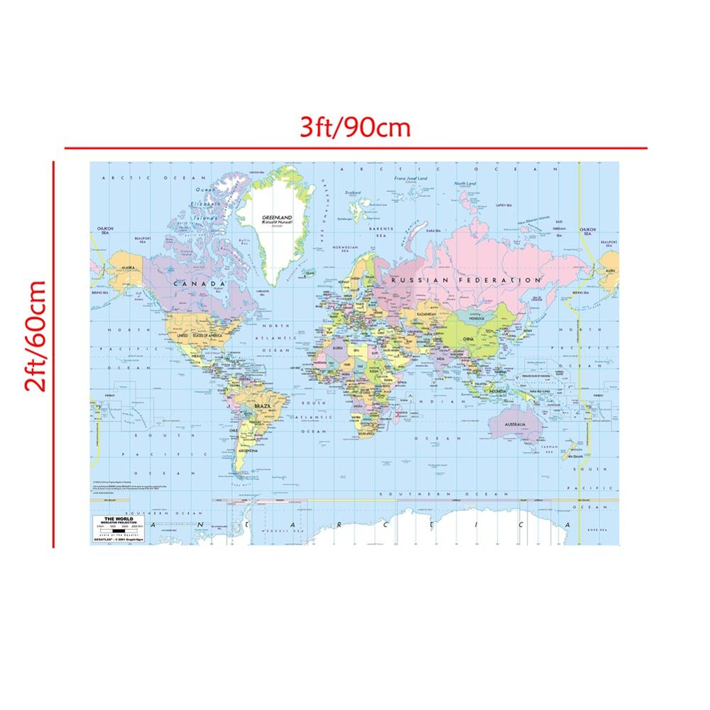 24x36cm The World Mercator Projection Map HD Fine Canvas Spray Painting For Bedroom Wall Painting