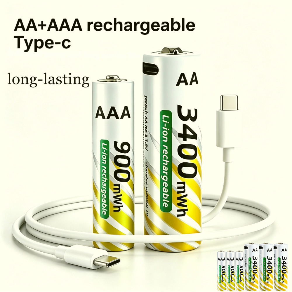 1.5V AA 3400mWh + AAA 900mWh Rechargeable Lithium Battery Set with USB-C Fast Charging Type C Cable air transport