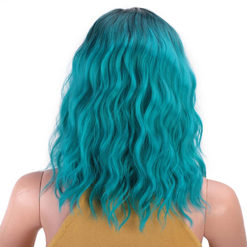 IK een pruik 14 "Korte Bob Water Wave Natuurlijke Losse Synthetische Pruik Kleur Natuurlijke Zwarte Hoge Temperatuur fiber pruiken voor Vrouwen: Blauw
