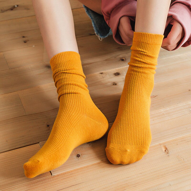 Women Japanese Korea High School Girls High Socks Loose Solid Colors Double Needles Knitting Cotton Long Socks
