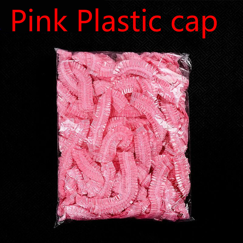 Bonnet de douche jetable en plastique, 100 pièces, pour femmes et hommes, imperméable, transparent, pour salon de coiffure, pour hôtels, produits de salle de bains: pink plastic 100PCs