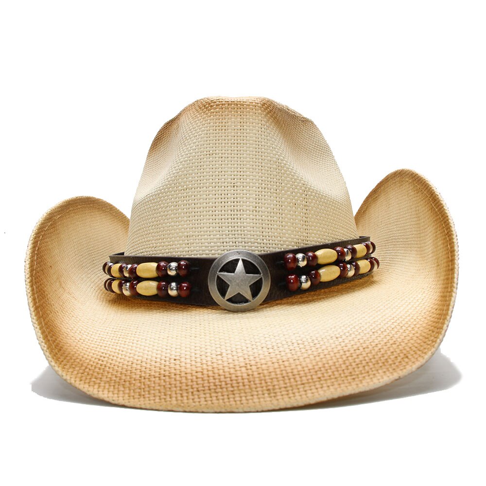 Luckylianji retro dam herr sommar halm strand bred brätte cowboy western cowgirl hatt stjärntecken med pärla läder band (58cm)
