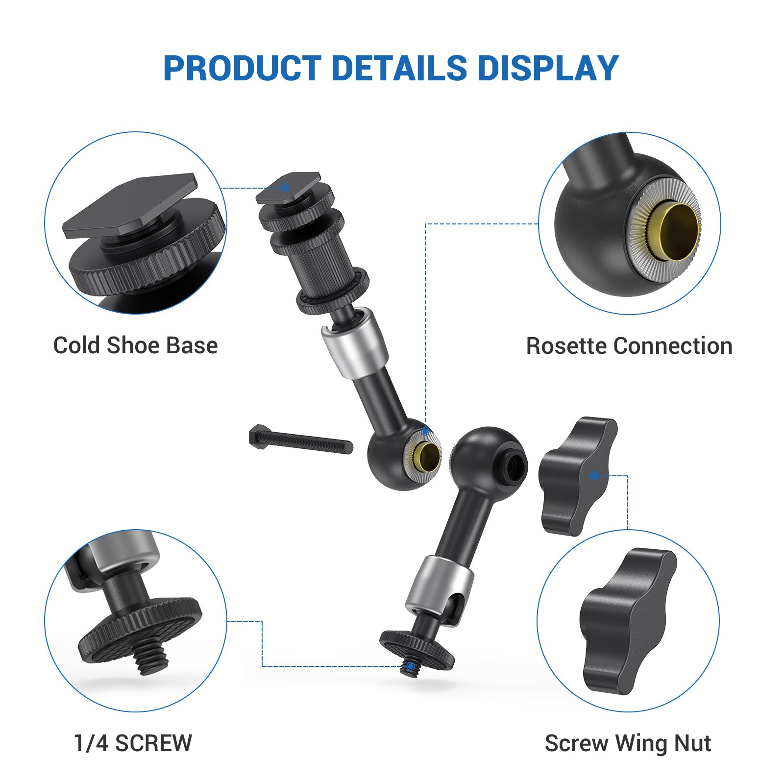 SmallRig Articulating Rosette Arm Max 7 Inches Long With Cold Shoe Mount And 1/4-20 Threaded Screw Adapter - 1497