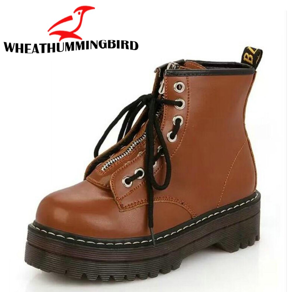 Frauen kurze knöchel Spitze hoch Stiefel Frau Plattform Leder draussen motorcyle Stiefel Reißverschluss Martin Bootie Punk Bota Feminina B12-05: Braun / 10