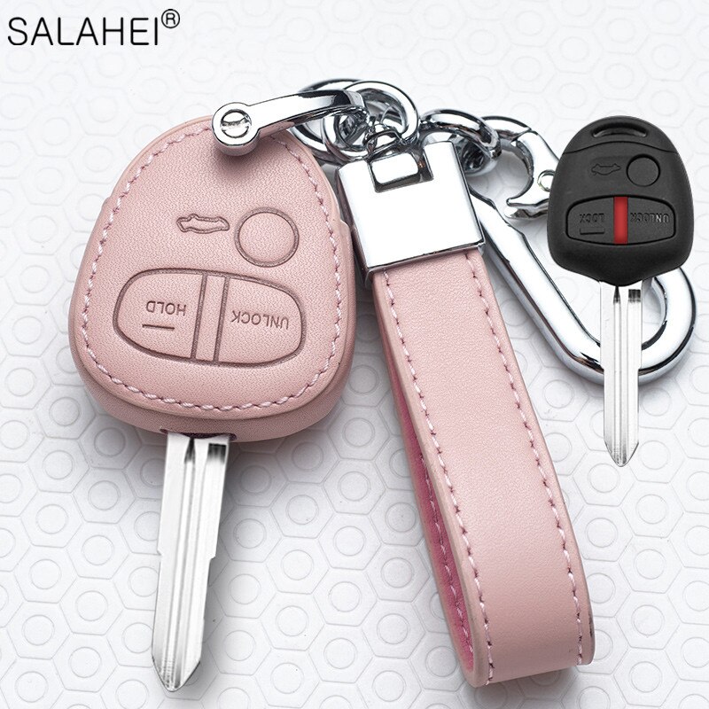 Mode Lederen Auto Key Case Cover Voor Mitsubishi Outlander Lancer 10 Pajero Lancer Ex Sport L200 Asx Rvr Smart Remote protector: D-pink