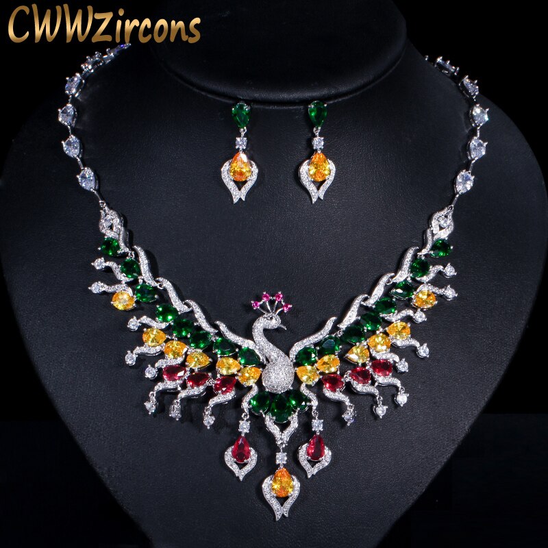 CWWZircons Luxury Multicolored Cubic Zirconia Big Peacock Choker Necklace Wedding Jewellery Set Bridal Costume Jewelry T331