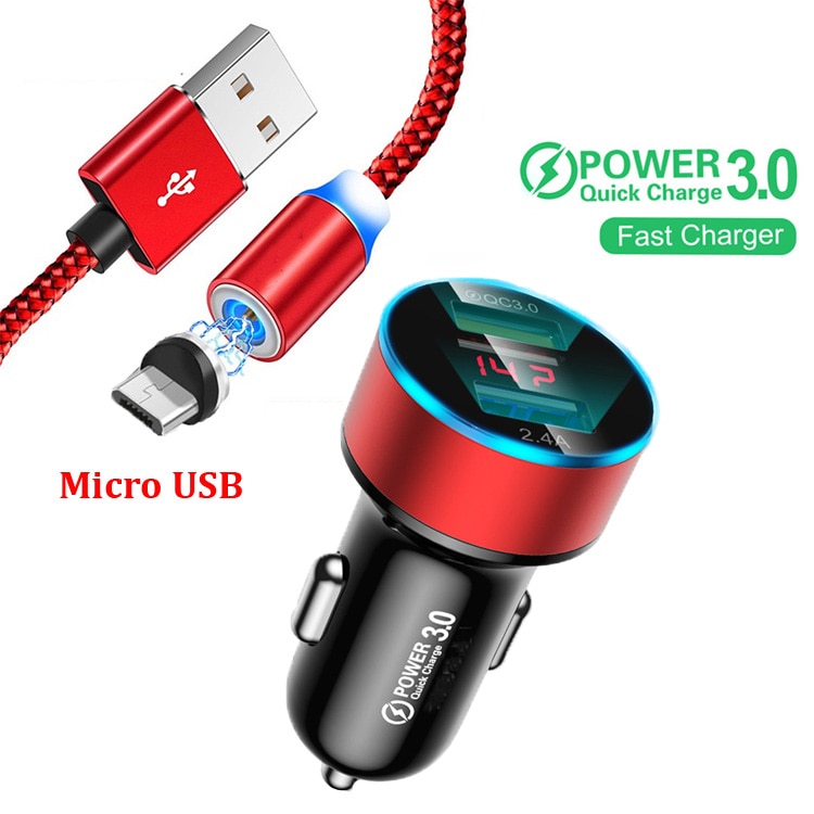 LED Diaplay QC 3.0 Car Charger Magnetic Micro USB Cable For Samsung S4 S6 S7 J3 J7 A3 A6 A7 A8 OPPO A5 A9 Phones