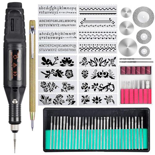 Mini caneta gravadora elétrica, 70 peças, mini vibro diy, kit de ferramentas de gravação para metal, vidro, cerâmica, plástico, madeira, joia, plugue eu us,: Preto / EU Plug