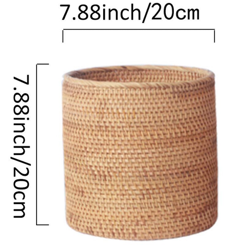 Cubo de basura de mimbre hecho a mano, cilindro de almacenamiento, papelera para escritorio, cesta de almacenamiento de mimbre (20CM)