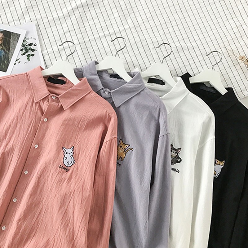 Long Sleeve Shirts Men Casual Japanese Style Shirt Mens Blouse Embroidered Pink Plus Size Students Clothes Aesthetic Blouses