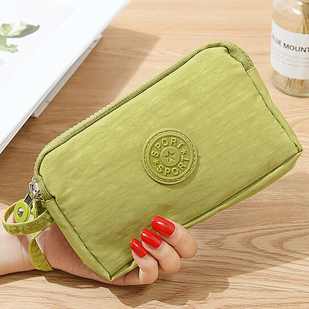 Kvinders solide 3 lag lærred telefonpose kort tegnebog tre-lags lynlås møntkort nøglepung: Grøn