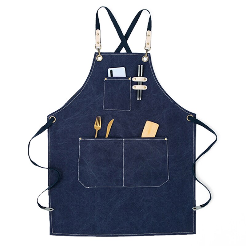 Solid Denim Pocket Bibs House Cleaning Working Coffee Pinafore Canvas Apron Kitchen Accessories Shop Cooking Baking Accessories: 2WQ-46447-001