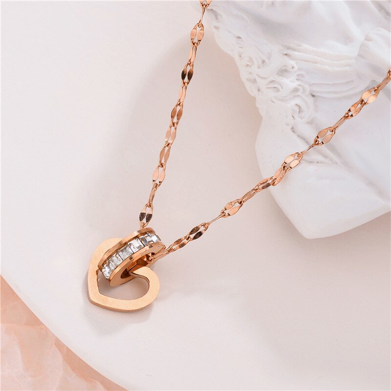 316L Stainless Steel Fashion Fine Jewelry Circle Zircon Love Heart Charms Chain Choker Collier Necklaces &amp; Pendants For Women