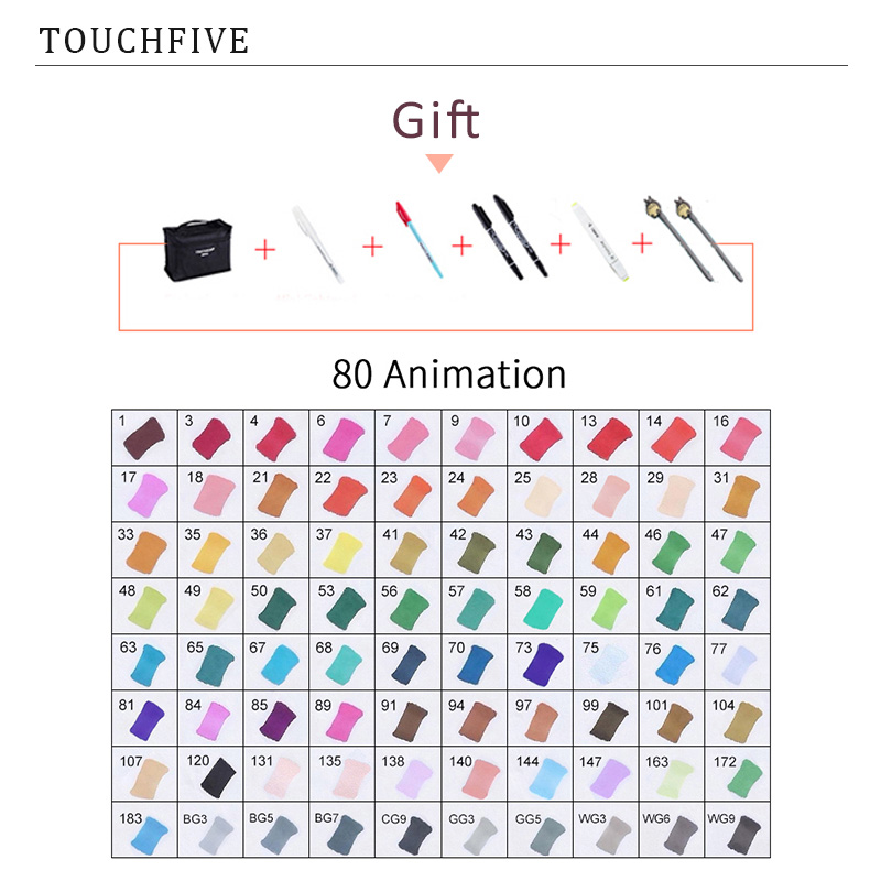 TouchFIVE 60/80/168 Farben Marker Set Manga Zeichnung Marker Pen Alkohol Basierend Skizze Filz-Spitze Fettige Twin Pinsel Stift Kunst liefert: 80 ANIMATION