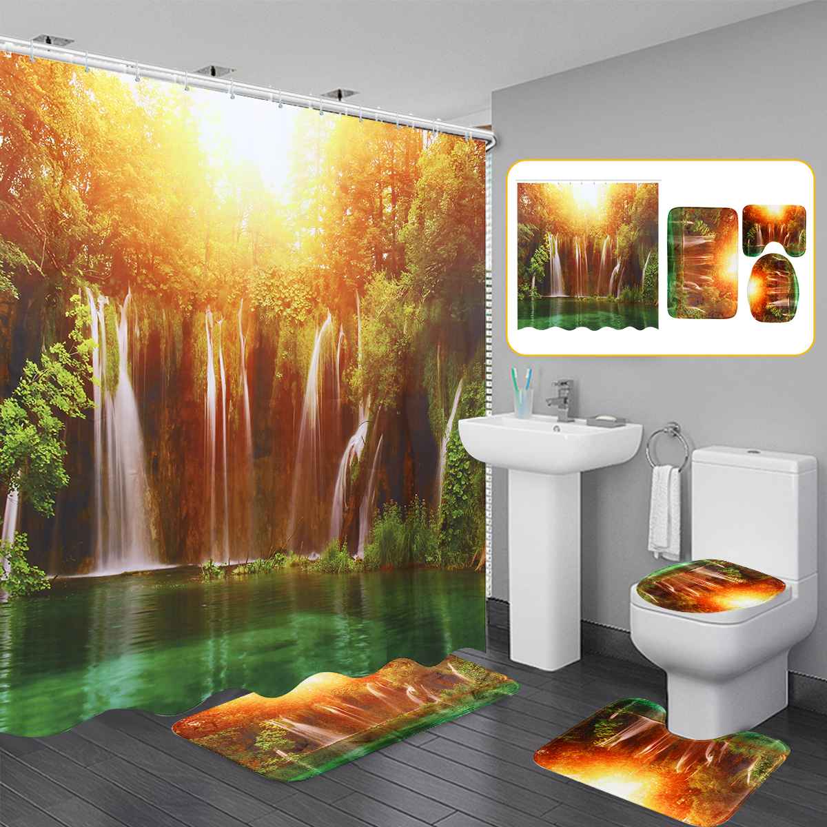 3D Waterval Landschap Waterdicht Douchegordijn Badkamer Landschap Bomen Bloem Badmat Set Voetstuk Tapijt Deksel Wc Cover: E set