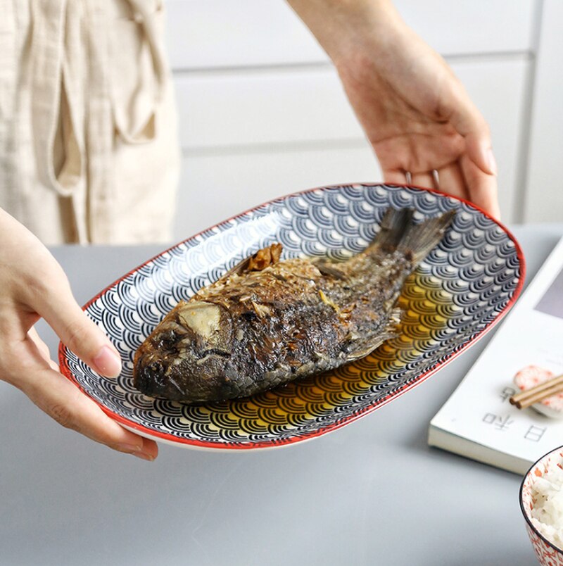 30*19.2cm 12 Inch Fish Dish Underglaze Color Home Dish Plate Hotel Ceramic Plate For Kitchen Tableware