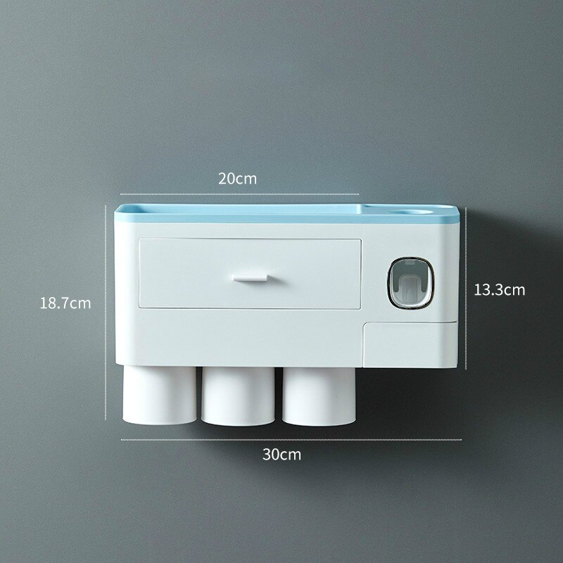 punch-free toothbrush holder automatic toothpaste dispenser and cup wall-mounted washing and storage rack bathroom set: 3 cups Blue