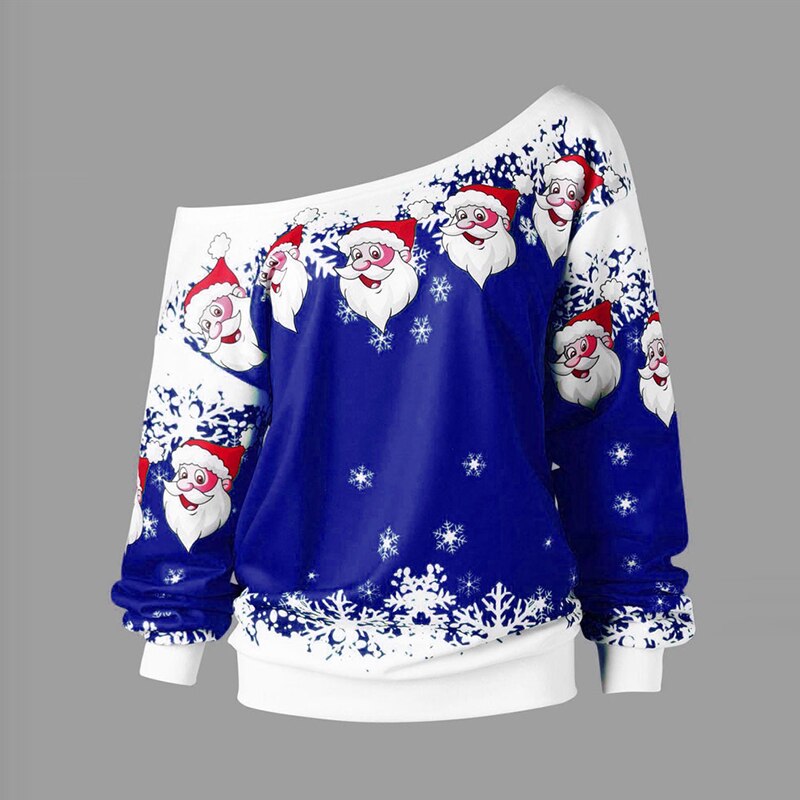 Plus Size Women Sweatshirt Merry Christmas Santa Claus Print Skew Collar Sweatshirt Blouse Xmas Printed Tops Christmas: S / C