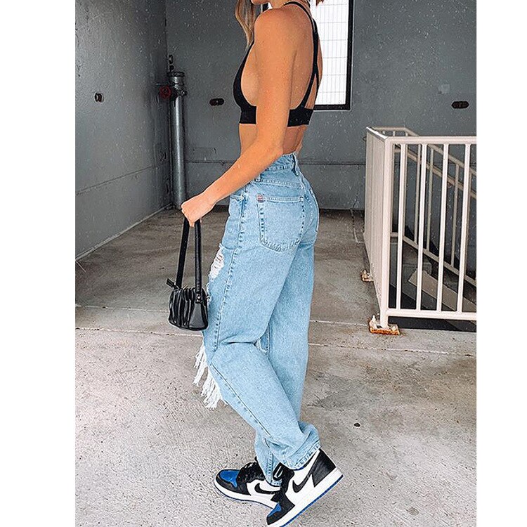 Wepbel dames casual gat gebleekte gescheurde jeans herfst mid-waist knoop rechte jeans