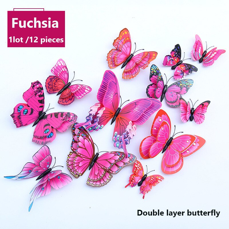 12 pièces/lot multicolore papillon Stickers muraux Double couche 3D bricolage papillons Stickers muraux pour décor à la maison salon: Fuchsia