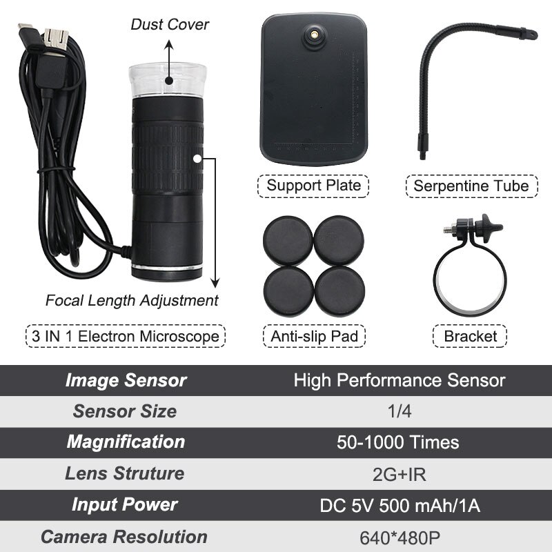 USB Microscope 1000X 3 IN 1 USB Digital Microscope Support TypeC Android PC Electron Microscope Built-in 8 Adjustable LED lights