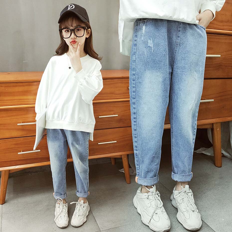 Spring Jeans For Girls Solid Hole Kids Jeans Girl Elastic Waist Children's Jeans Autumn Causal Jeans Clothes For Girls