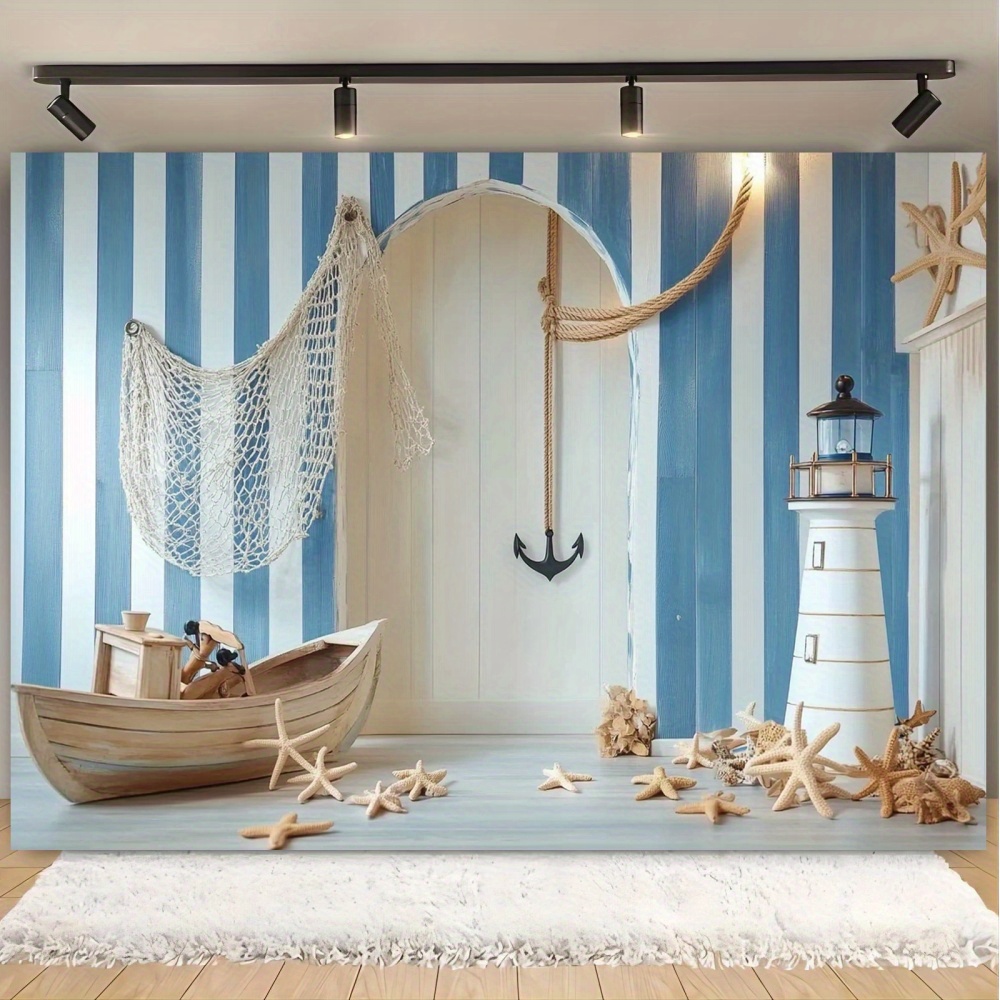 Nautical theme party background | wooden boat, lighthouse and starfish polyester, nautical decoration