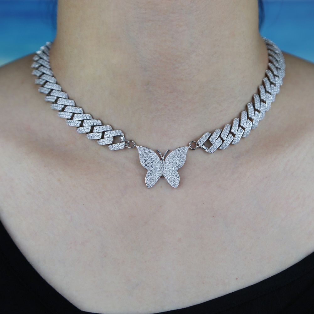 12mm Iced Out Bling cz Miami Cuban Link Chain Butterfly Necklace choker 2Row AAAA cz Bling Bling necklace women Hip Hop jewelry
