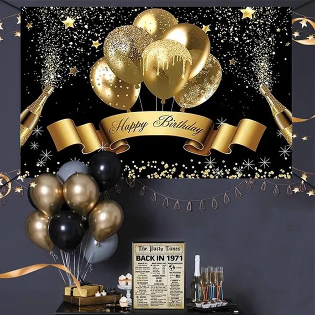 Blue Gold Happy Birthday Backdrop Banner Balloon Star Poster Booth Backdrop Birthday photozone Background Wall Party Decor