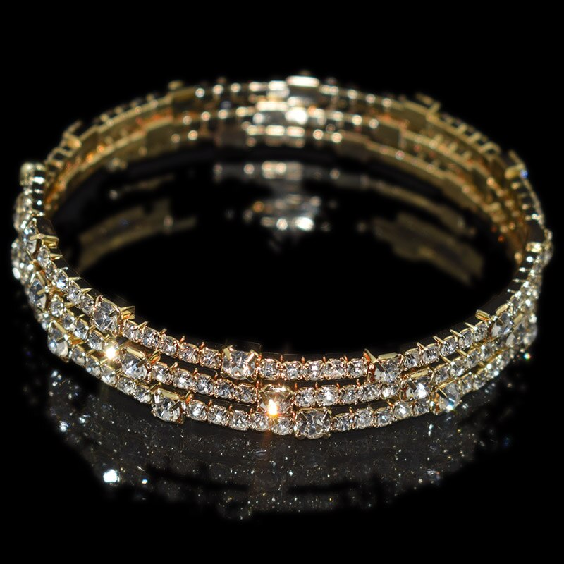 Pulsera de cristal de lujo para mujer, brazalete chapado en oro y plata para novia, pulsera de diamantes de imitación de 7 colores para mujer, de dama de honor para , joyería: 3 rows gold 5x1d