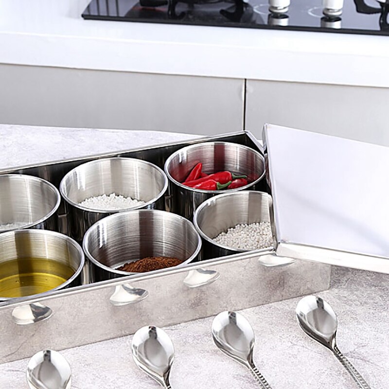 Stainless Steel Seasoning Spice Box Storage Round Container with Clamshell Cover Detachable for Kitchen 6 Grid