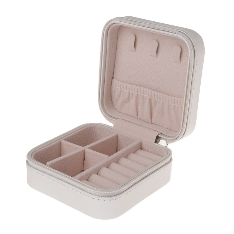 Portable Jewelry Storage Box Zipper Women Earring Ring Necklace Organizer Display Case Travel Accessory: White